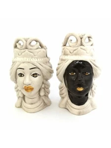 Coppia teste di moro re e regina fumè in ceramica siciliana di Caltagirone 15cm - Picture 1 of 3