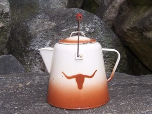 Antique Texas Longhorn Enamelware Graniteware Cowboy Coffee Pot Old Ranch Decor - Foto 1 di 10