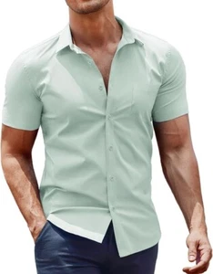 COOFANDY Men Muscle Fit Dress Shirt Short Sleeve Button Down Pocket Gift - Picture 1 of 6