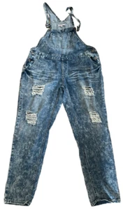 Hot Kiss Women/s 14 Stone Washed Distressed Blue Denim Ava Overall - Picture 1 of 5