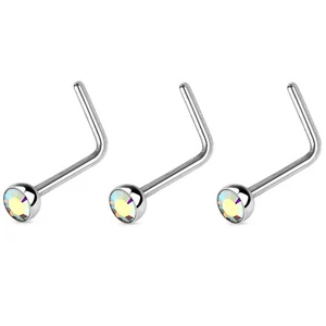 3 Pc Surgical Steel L Bend Nose Stud Ring with 2.5mm Aurora Borealis CZ End - Picture 1 of 2