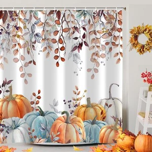 Fall Shower Curtains for Bathroom Thanksgiving Pumpkins Autumn Leaves Shower ... - Picture 1 of 8