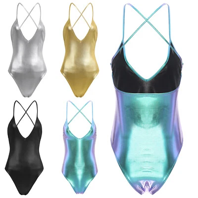 Damen Metallic Bodysuit Leder Tief V-Ausschnitt Glitzer Bikini Monokini Leotard - Bild 1 von 2