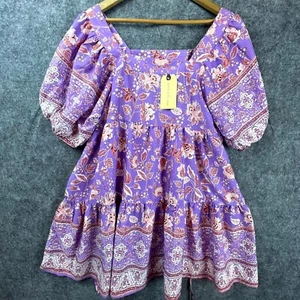 Band Of The Free Dress Womens L Purple Tiered Ruffle Flowy Boho Tie Waist - Picture 1 of 6