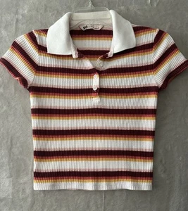 SO Polo Mujer Pequeño Granate Amarillo Blanco Rayas Cuello Waffle Tejido Top - Imagen 1 de 9