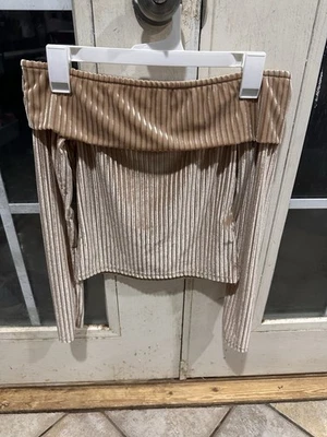 beige, off-the-shoulder, long-sleeved, pleated velvet top Size 2/XS - Image 1 of 2