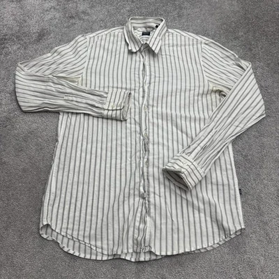 Boss Hugo Boss Slim Fit Linen Button Down Shirt Mens Large Gray White Striped - Image 1 of 4