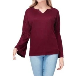 Baea Women's V-Neck Flare Long Sleeve Thermal Top In Bordeaux Large MSRP $78 - Picture 1 of 4