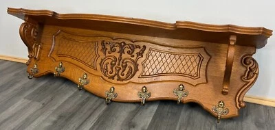 Antique French Oak Coat Rack Hanger Shelf - Ornate Carved 7-Hook Wall Mount 3470 - Image 1 of 4