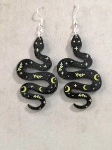 Black Snake Earrings Celestial Serpent Dangle/Drop Sparkly Goth Witchy - Picture 1 of 5