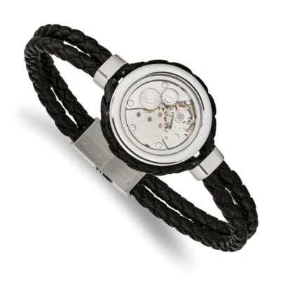 Stainless Steel Brushed & Polished Yellow IP w/CZ & Leather 8.5in Bracelet - Image 1 of 3