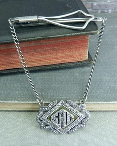Art Deco Styled Monogrammed 925 Sterling Silver & Marcasite Slide Clasp Tie Bar - Picture 1 of 7