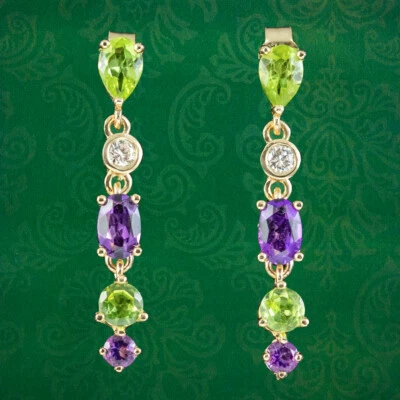 EDWARDIAN SUFFRAGETTE STYLE DROP EARRINGS AMETHYST PERIDOT DIAMOND  - Image 1 of 4