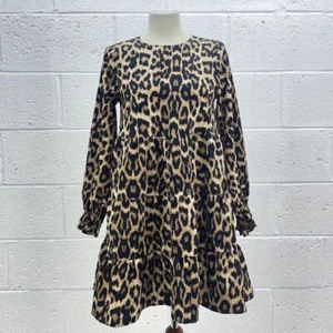 OASIS TAN LEOPARD MIDI DRESS WOVEN CRINKLE LONG SLEEVE TIERED FLARE Y2K UK 8 - Picture 1 of 6
