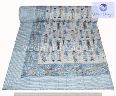 Colcha de algodão vintage feita à mão bloco queen kantha colcha indiana - Imagem 1 de 4