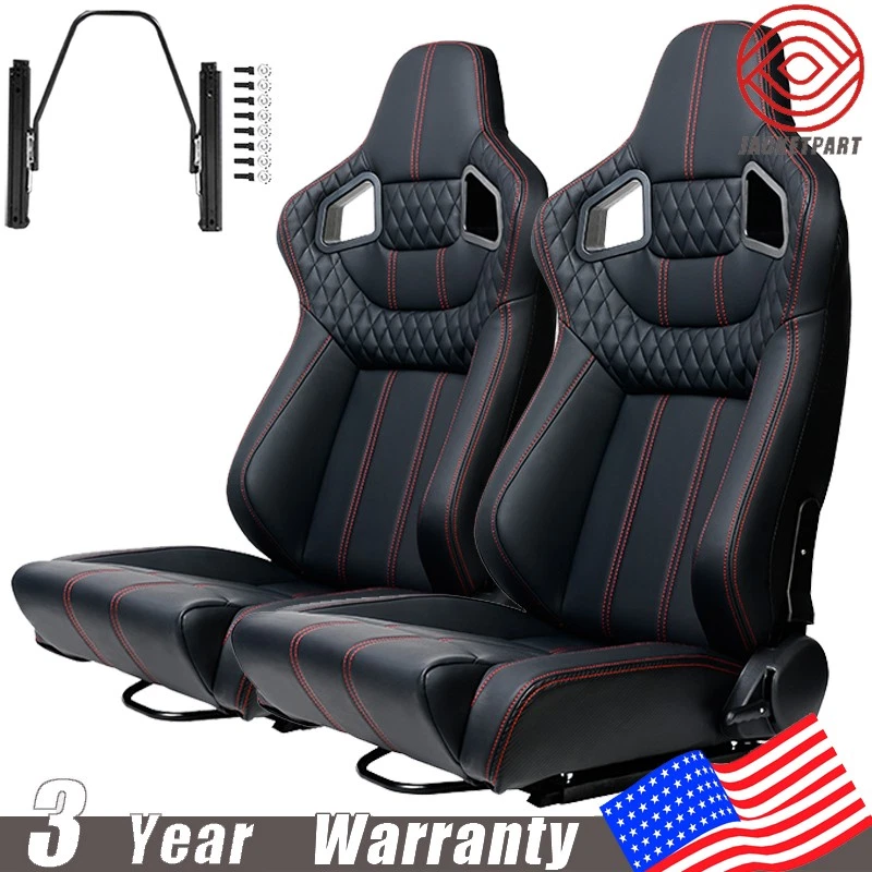 2pcs Reclinable Racing Seats Vinyl Leather Red Stitch for Pontiac w/ Dual-Slider - Image 1 of 4