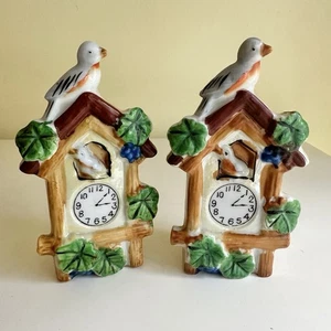 Vintage Pair Of Ceramic Blue Bird Clock Wall Pockets Hand Painted Made in Japan - Picture 1 of 5
