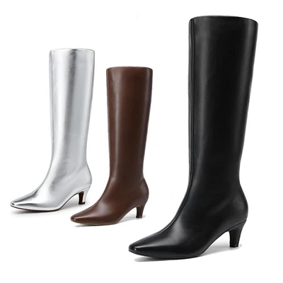 Women 2 Inch Low Kitten Heel Knee High Boots Square Toe Wide Calf Boots - Image 1 of 4