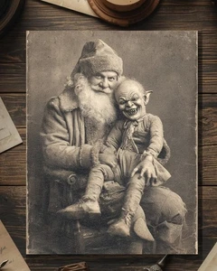 Vintage Victorian Santa with Evil Elf Christmas Card Gothic Holiday Art Antique - Picture 1 of 4