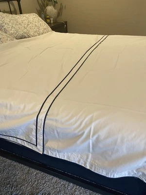 Queen Duvet Cover No Shams White With Navy Blue Trim - Image 1 of 4