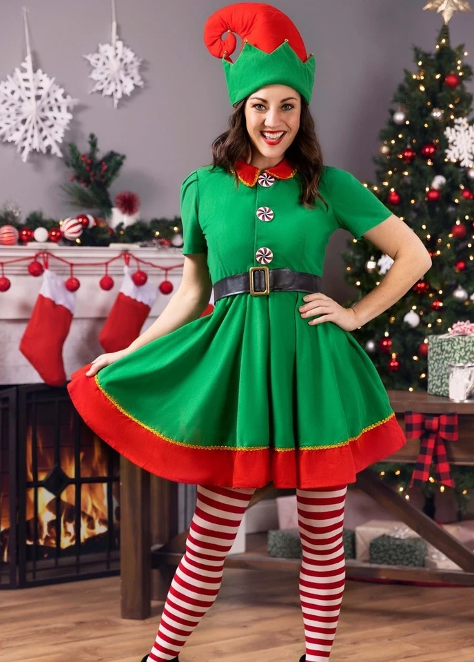 女士 Sm/M Elf 套装带帽子、腰带、礼服、腿、球形装饰带夹子 — 第 1/4 张图片