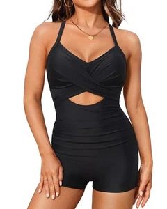 Women's One Piece Swimsuit with Shorts Boyshorts Boyleg 2025 Cutout Bathing S... - Picture 1 of 6