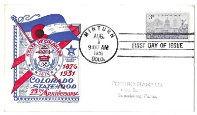 Colorado 75th Anniversary Statehood Issue of 1951 Scott 1001 Staehle Cachet FDC - Image 1 of 2