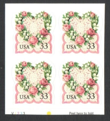 Unused US Postage Block 33 Cent Stamps Love Series Victorian Flower Heart & Lace - Image 1 of 2
