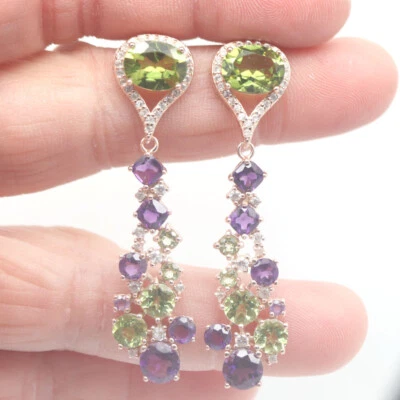 Unheated Gemstone Green Peridot, Amethyst & Zircon Earrings 925 Sterling Silver - Image 1 of 4