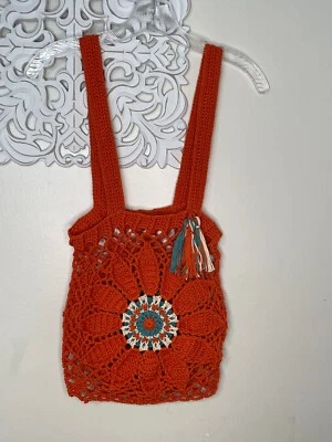Crochet Flower Market Farmer's Beach Mesh Bag Tote Orange Teal Ecru 13" x 13" - Image 1 of 4