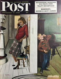 1949 George Hughes Saturday Evening Post Girl Telephone Original Magazine Cover - Foto 1 di 1