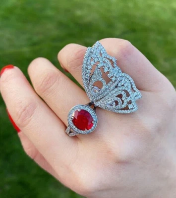 Big Butterfly Simulated 8.52TCW Ruby & Sapphire Pastes Double Ring For Woman - Image 1 of 4