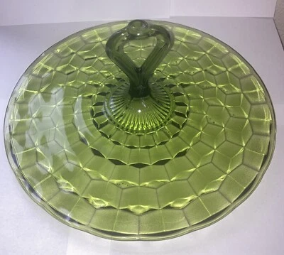 Vintage Whitehall Indiana Cube Pattern Sandwich Tray - Green Glass  - Image 1 of 4