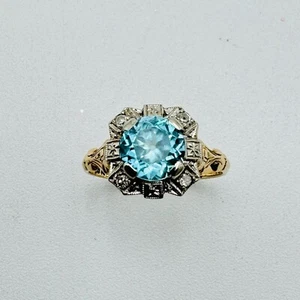 Art Deco 10K Gold Blue Stone & Diamond Ring Square Setting 2.5 g 1930s RARE - Picture 1 of 13