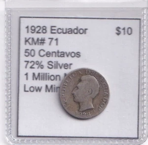 VERY RARE 1928 Ecuador 50 centavos 72% Silver Coin - Picture 1 of 2
