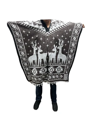 PONCHO MEXICANO, CIERVO, INVIERNO, SARAPE, REVERSIBLE, GABAN, PONCHO PESADO, MARRÓN Foto 1 de 2