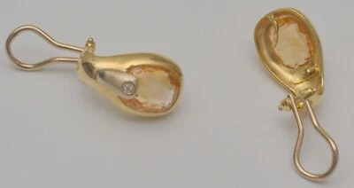 18K Solid Yellow White Gold Omega French Back Topaz and Diamond Earrings E3 lot - Image 1 of 4