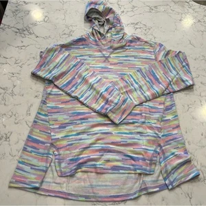 NWOT Lands End Rainbow Stripe Hooded Long Sleeve Performance Shirt Size Large - Picture 1 of 5