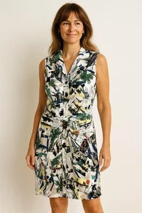 JOSEPH RIBKOFF dress sleeveless ruched shirtdress abstract print colorful 4 - Picture 1 of 6