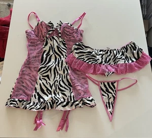 Vintage Y2K Frederick’s Of Hollywood Zebra Corset Set Pink Lace S Ruffle - Picture 1 of 8