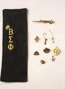 Beta Sigma Phi Sorority Lot of Pins Charms and Display Bib Runner - Picture 1 of 4
