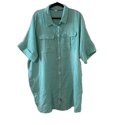Sundance Aqua Blue Cotton Gauzy Shirtdress Boxy Button Down Tunic Pockets Sz XXL - Image 1 of 4