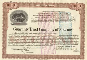 Interborough-Metropolitan Guaranty Trust Company of New York stock certificate - Picture 1 of 1