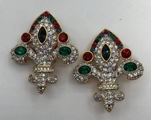 Rare Swarovski Fleur De Lis Earrings Clip Back Swan Logo Gorgeous! - Picture 1 of 9