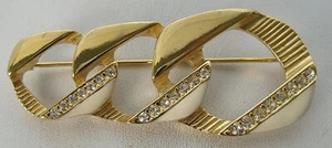 Stunning Vintage Givenchy Gold Tone Off White Enamel Rhinestone Chain Link Pin - Picture 1 of 5