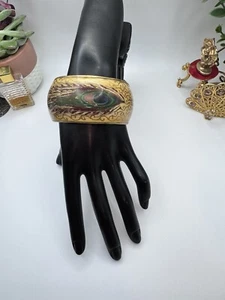 8” Hand Painted Silver on Ivory Brass Chunky Bangle Bracelet Peacock Feather - Picture 1 of 12