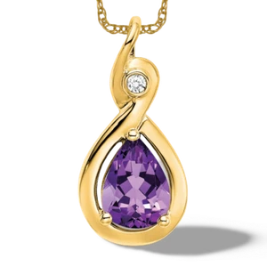 14K Solid Yellow Gold Pear Amethyst Diamond Necklace - Picture 1 of 4