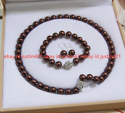 Pendientes pulsera collar perlas redondas con concha de chocolate del Mar del Sur de 8/10/12 mm Foto 1 de 4