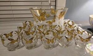 Culver Mid-century Modern Punch Bowl 22k Gold Butterflies With 11 Glasses RARE - Picture 1 of 7