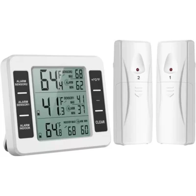 Wireless Digital Refrigerator Freezer Thermometer Temp Alarm 2 Sensor In/Outdoor